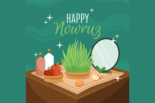 وکتور رایگان EPS و Ai لایه باز طرح گرافیکی و کارتونی سفره هفت سین شامل آینه و سبزه و تخم مرغ رنگی و شمع و سیب ویژه عید نوروز 